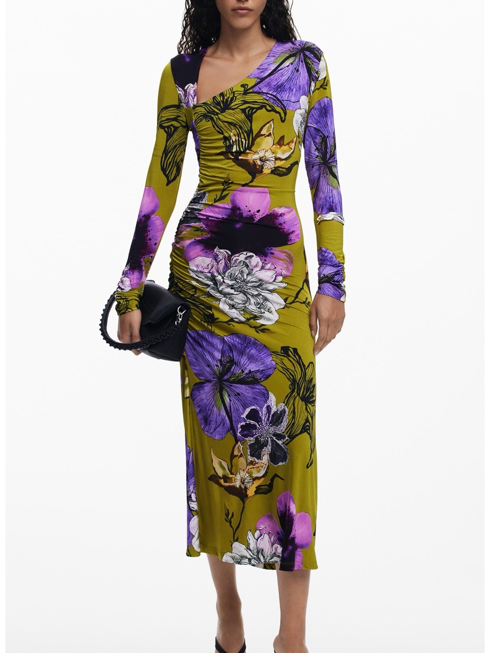 Desigual Olive Green Midi Dress with Purple Floral Print - NWOT